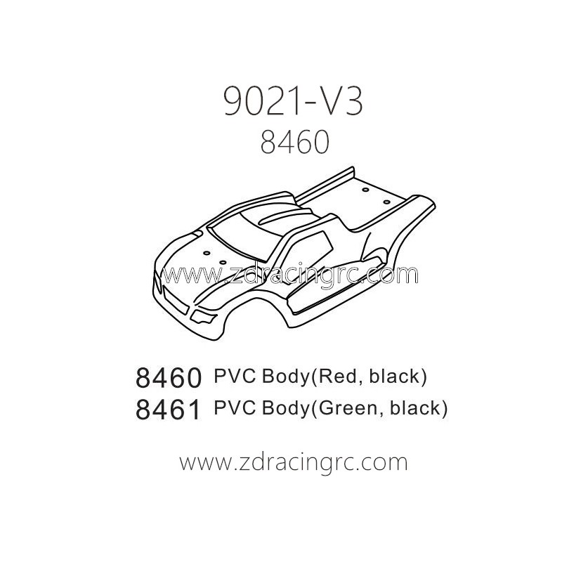 ZD Racing 9021-V3 Parts 8460-PVC Body Red and Black 8461 PVC Body Green Black