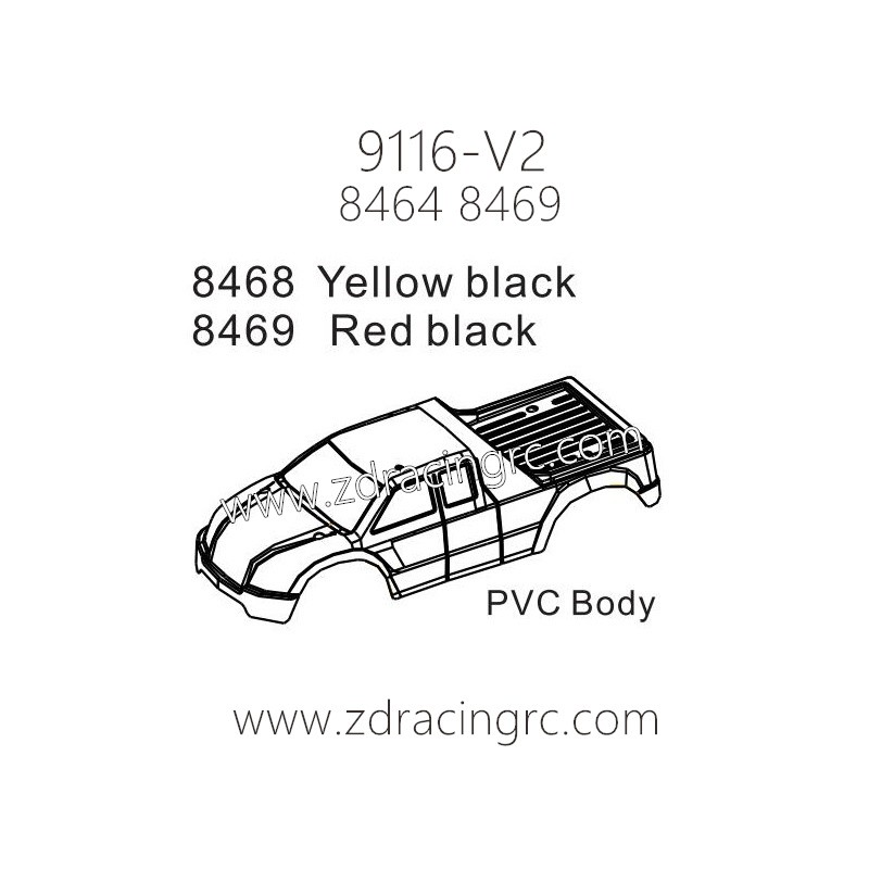 ZD Racing 9116-V2 Parts 8468 8469 Yellow Black Red Black Car Shell